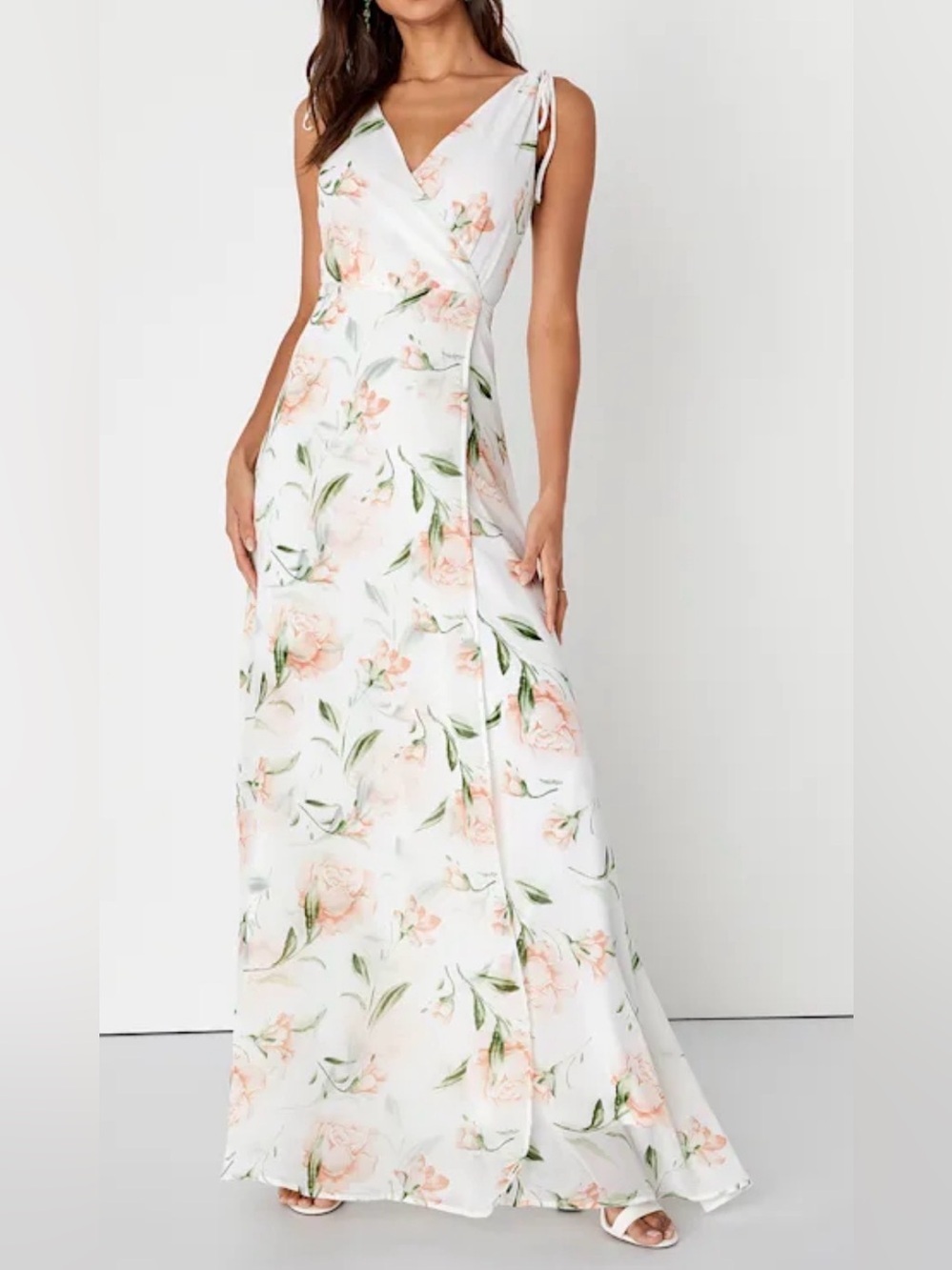Lulus Romantic Possibilities white floral maxi dress, small
